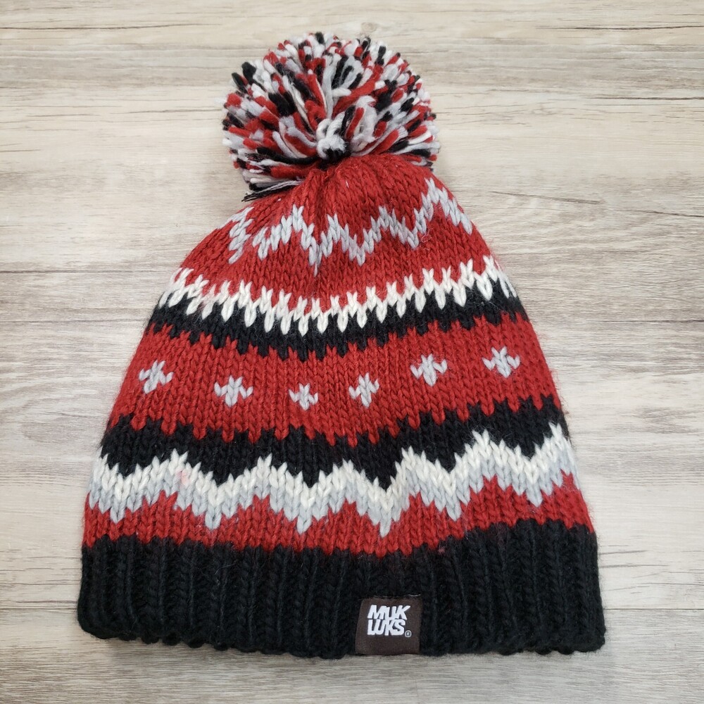 MukLuks Knit Cap Beanie Hat Geometric Pom Red Black Womens OS